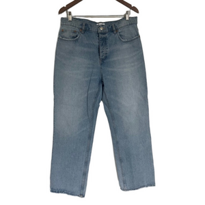Zara Light Wash Blue High Rise Button Fly Straight Leg Jeans Frayed Hem Size 12